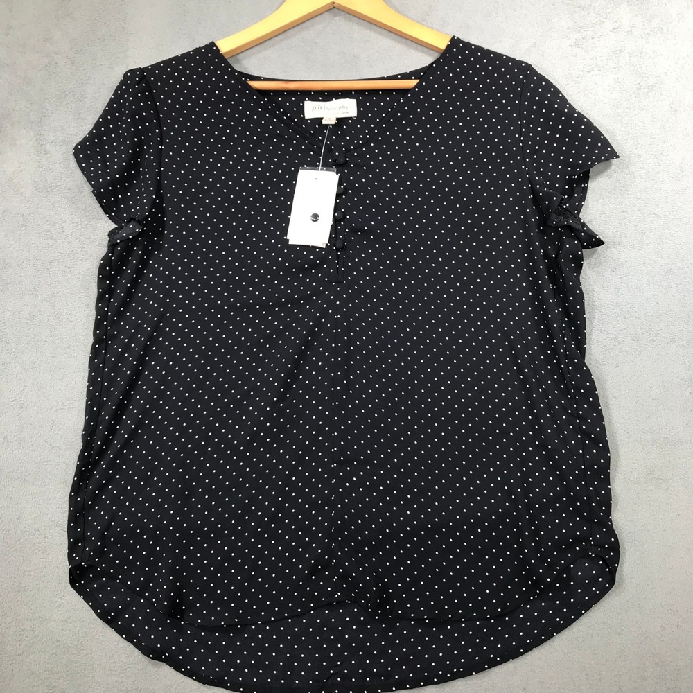 Philosophy Blouse Womens Medium Black New Polka Dot V-Neck Flutter Sleeve Top